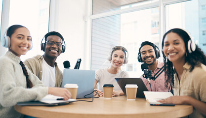 Men, woman and team with microphone, podcast or portrait for chat, creativity or opinion on live stream. Group, laptop and headphones for web talk show, broadcast or smile for collaboration at desk