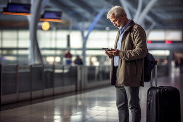 Older man standing in a airport lounge checking his smartphone for information on flights - obrazy, fototapety, plakaty