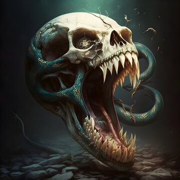 awesome realistic skull design with a snake coming out of the skull socket the snake with its mouth wide open and sticking out its tongue 