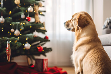 golden retriever  sitting in front of christmas tree