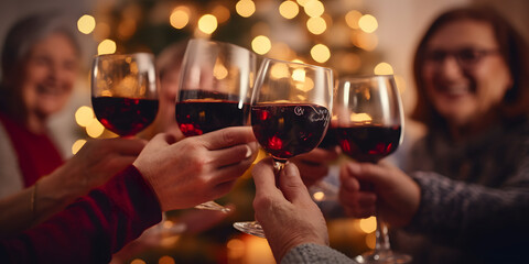 Christmas family dinner, parents, grandparents, children, friends, Santa, concept of love and brotherhood at Christmas