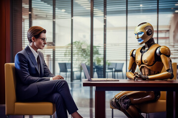 Man and AI robot waiting for a job interview: AI vs human competition.