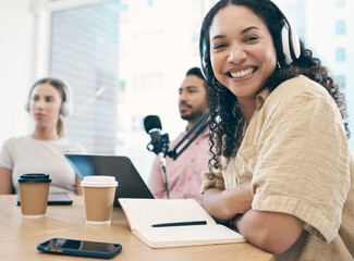 Communication group, podcast portrait and happy woman, speaker or audio presenter pride in talk...