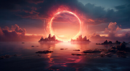 An abstract landscape with a large glowing ring of fire in the sky over water with rock