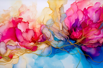 Alcohol ink art, wispy, dreamy ethereal, pink, gold, blue, yellow, abstract.