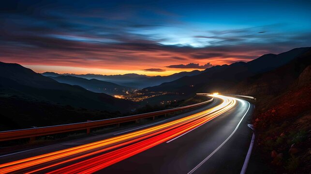 .A long exposure photo of a highway at night lights and stars, speed background