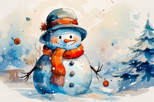 An image of a snowman wearing a Christmas hat, in the style of colorful ink wash paintings.