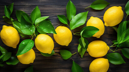 lemons with leaves on a wooden table 
