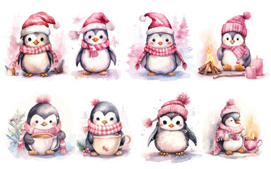 Set of Christmas Winter Pink Penguins Watercolor Vectors 