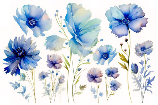 Blue watercolor flowers, sets, bundles, bouquets with wildflowers.