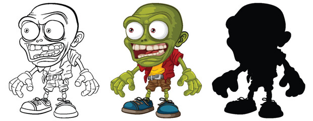 Set of Zombie Cartoon Characters: Outlines and Silhouettes