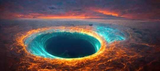 At the edge of the world before the last sunset a gigantic fiery portal rift to another ethereal world starts to open in the deep blue ocean. 