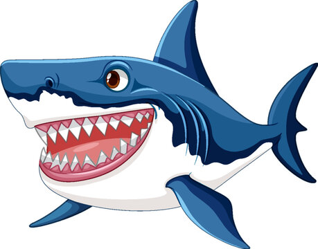 A cartoon illustration of a great white shark with big teeth, swimming and smiling isolated on a white background