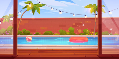 Backyard swimming pool behind open glass door. Vector cartoon illustration of patio with wooden floor, poolside tropical garden with palm trees and flowers, brick fence, garland lights, sunny day