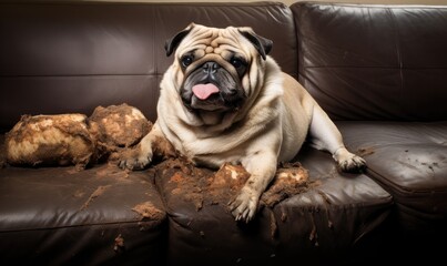Photo of a dog lounging on a couch next to a pile of dirt