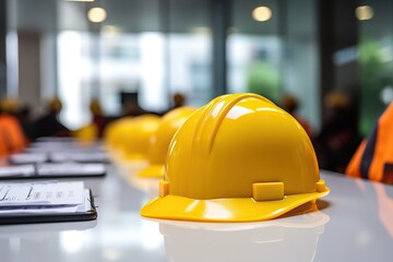 Close up of yellow helmet with Engineer teams meeting together on table in office.