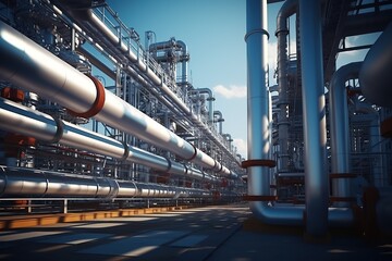 Industrial zone area. Pipeline and pipe rack of petroleum, chemical, hydrogen industrial plant. - obrazy, fototapety, plakaty