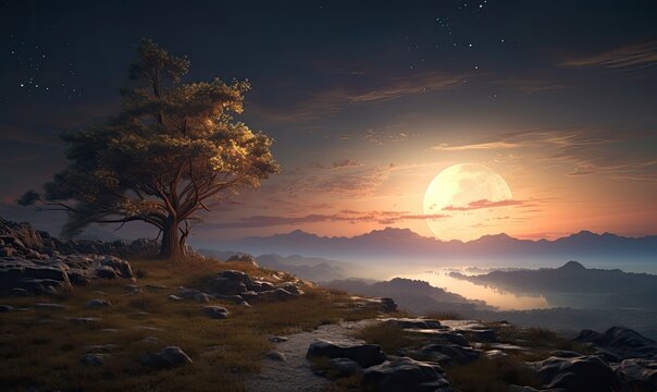 Photo of a serene nocturnal landscape with a majestic tree on a hill