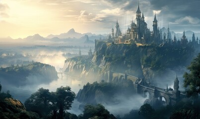 A majestic castle enveloped in mysterious fog atop a rugged mountain - obrazy, fototapety, plakaty