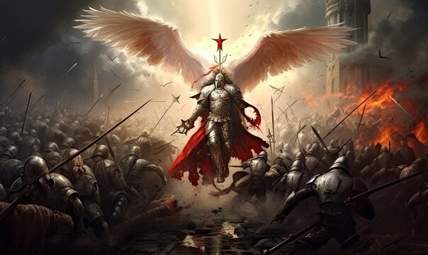 A painting of a winged knight in full armor