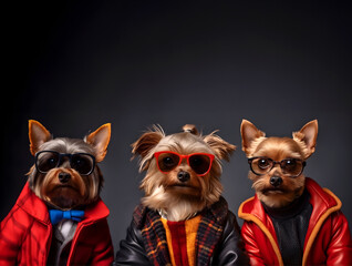 Fototapeta premium Creative animal concept. Yorkshire Terrier dog puppy in a group, vibrant bright fashionable outfits isolated on solid background advertisement, copy space. birthday party invite invitation banner 
