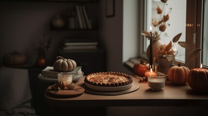 Cozy and fall still life about an apple pie in a boho decor
