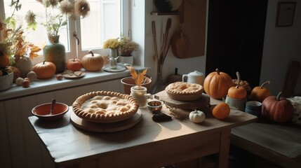 Cozy and fall still life about an apple pie in a boho decor