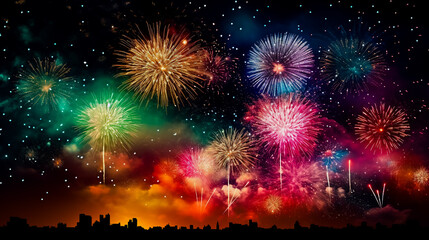 Colorful fireworks rumble into the night. Generative AI.
