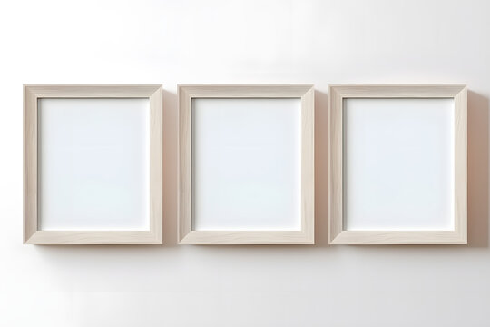 Three blank vertical decorative art transparent frames mock-up close-up, plain wooden uncoated frames