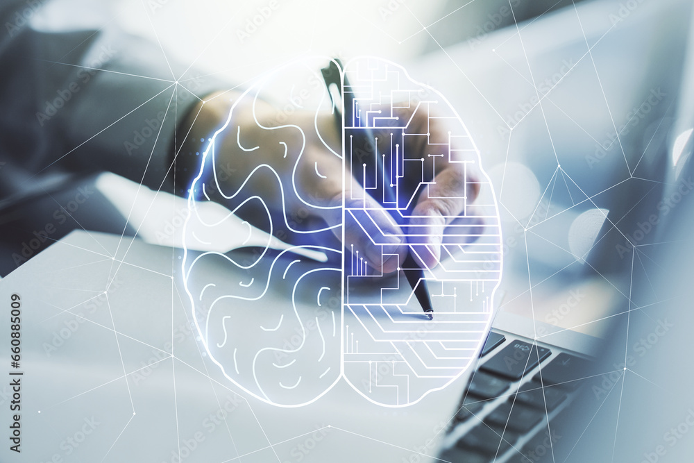 Poster double exposure of creative human brain microcircuit with hand writing in notepad on background with
