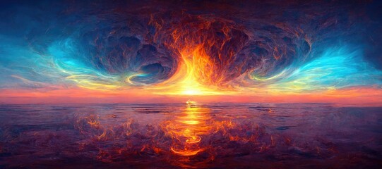 At the edge of the world before the last sunset a gigantic fiery portal rift to another ethereal world starts to open over the ocean in the clouds. 