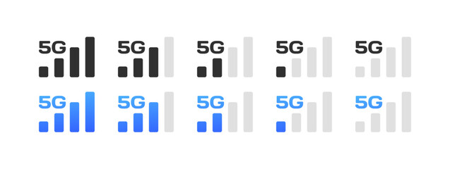 5G communication sticks icons. Different styles, 5G connection indicator, 5G icons. Vector icons