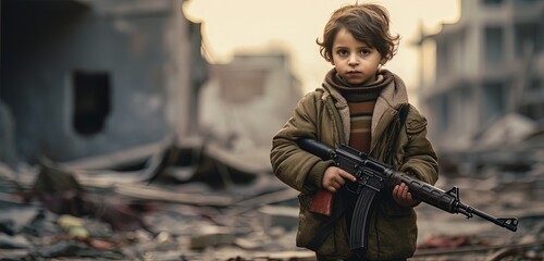 a young boy holding gun with destroyed hometown as background,  young generation, children rights, Generative Ai - Powered by Adobe