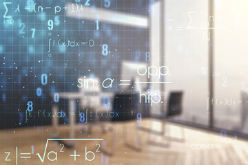 Creative scientific formula concept and modern desktop with computer on background. Multiexposure