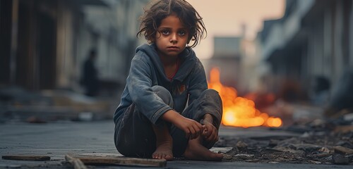 sad young boy sitting on the street alone, children rights concept, Generative Ai - Powered by Adobe