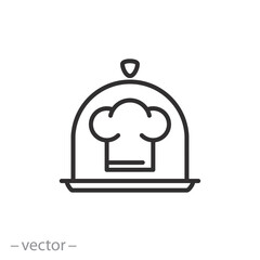 food tray with chef hat icon, chef's dish, restaurant food menu, thin line symbol - editable stroke vector illustration