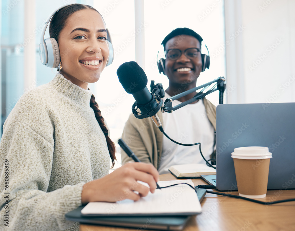 Poster radio, portrait and people in office writing notes for advice, questions or feedback while live stre