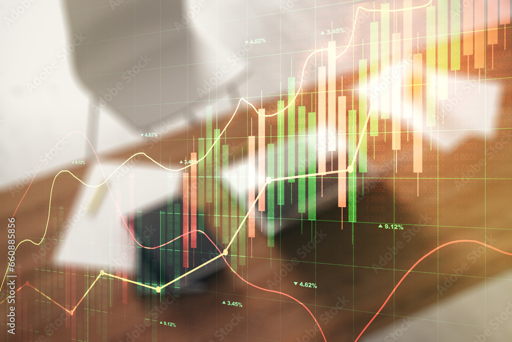 Aufkleber multi exposure of abstract creative financial graph and modern desktop with computer on background, 