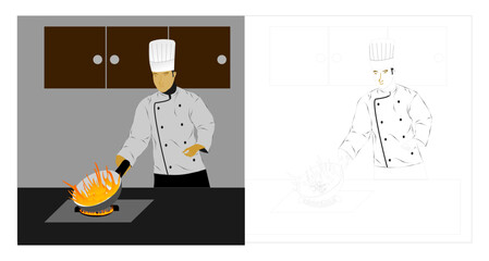 the chef cooks with a frying pan until it burns. vector illustration isolated on white background.