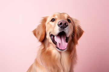 golden retriever puppy on a pink background 