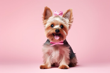 yorkie terrier puppy on a pink background 