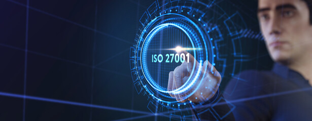 ISO 27001 Standard certification standardisation quality control concept on screen.
