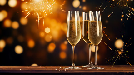 Elegant New Year's Eve celebration, champagne glasses raised in a toast against a backdrop of fireworks. - obrazy, fototapety, plakaty