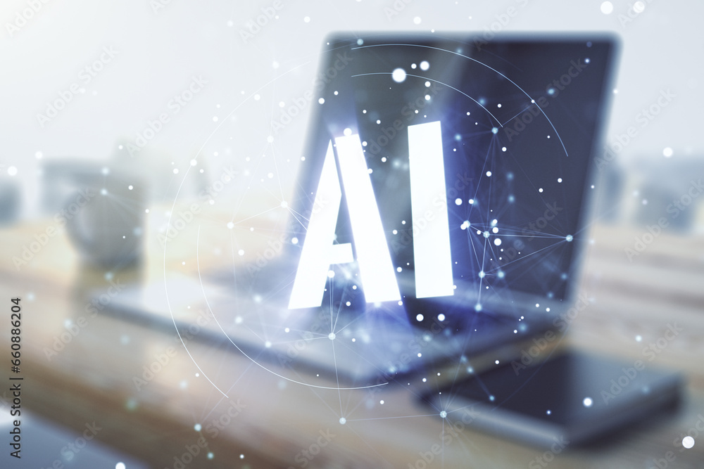 Poster creative artificial intelligence symbol concept and modern desktop with computer on background. mult