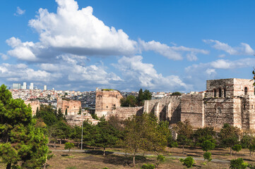 Panorama of the fortress walls of Constantinople and the modern city of Istanbul.