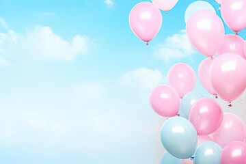 Colorful balloons floating in pastel blue background, perfect for birthday greetings or wedding invitations.