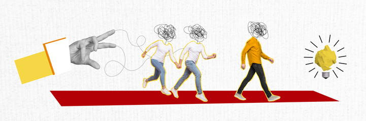 Panorama composite photo collage of headless people doodle instead of head running search for...