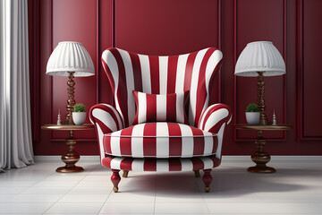 Red and white armchair in the room.