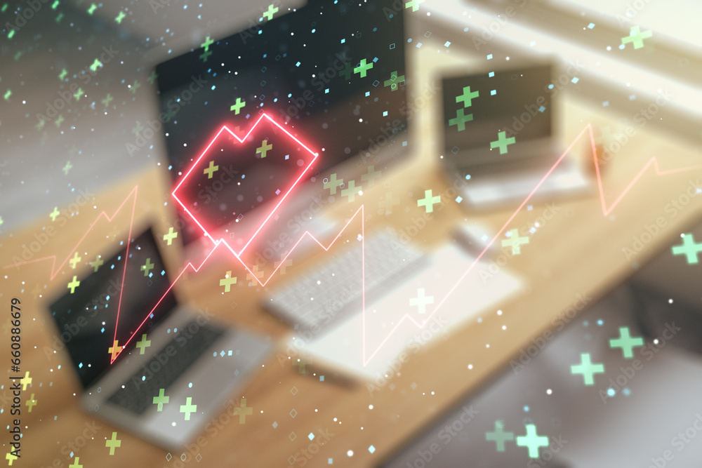 Poster creative abstract heart rate sketch and modern desk with computer on background, medicine and health