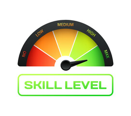 Skill level speedometer. Flat, color, no, low, medium, high, max skill levels, skill level speedometer. Vector icon